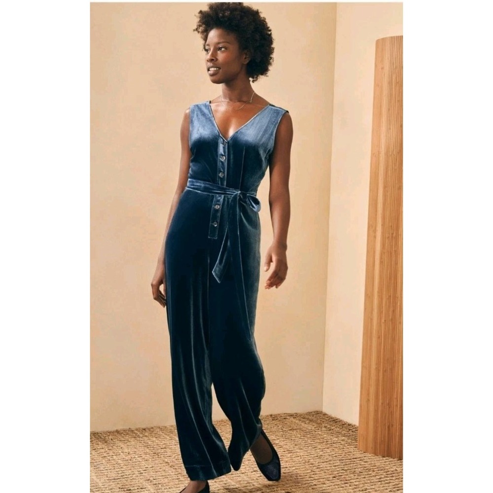 Faherty Alina Blue Jumpsuit Women's XS Stretch Silk Velvet Belt Button Sleeveles